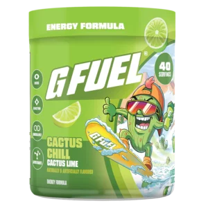 Green G FUEL energy drink can with cactus lime flavor and a cartoon cactus mascot surfing or riding a wave.