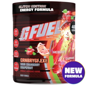 G Fuel energy formula can with Cranberry Grapefruit flavor and a purple New Formula badge visible on the can surface.