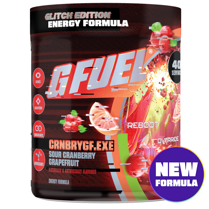 G Fuel energy formula can with Cranberry Grapefruit flavor and a purple New Formula badge visible on the can surface.