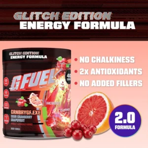 GFUEL Glitch Edition energy formula can with cranberries and grapefruit; highlights no chalkiness and 2x antioxidants.