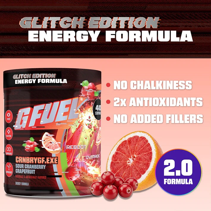 GFUEL Glitch Edition energy formula can with cranberries and grapefruit; highlights no chalkiness and 2x antioxidants.