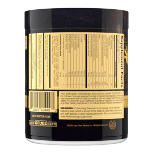 Back of a black supplement bottle with a yellow label showing supplement facts, barcode, and warnings around the bottom edge.