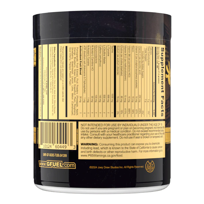 Back of a black supplement bottle with a yellow label showing supplement facts, barcode, and warnings around the bottom edge.