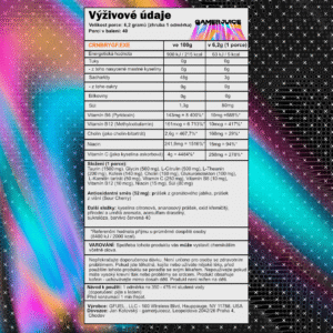 Nutrition facts label in Czech for a product (CRNBRYGF.EXE) showing per-100 g and per-portion values, including energy, fats, carbohydrates, proteins, minerals, vitamins, and ingredient list, over a colorful patterned background.