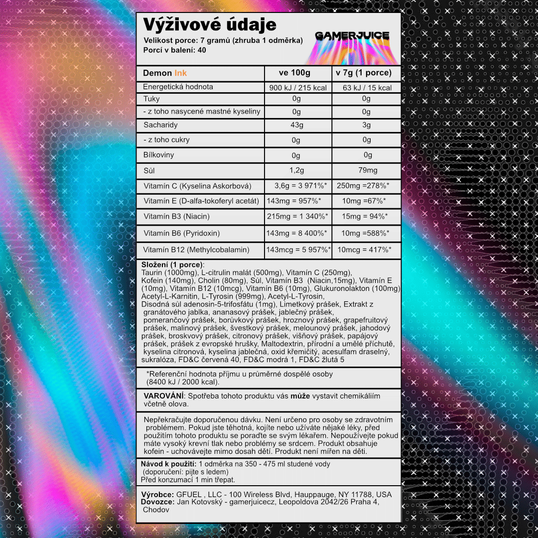 Nutrition facts label for the Demon Ink product with per-100g and per-porce values, in Czech.