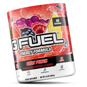 G Fuel energy formula canister in red fruit punch flavor, showing bold branding and '40 servings' label at the top-right.