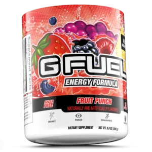 Canister of G FUEL Energy Formula in Fruit Punch flavor with red fruit artwork and bold branding on the label.