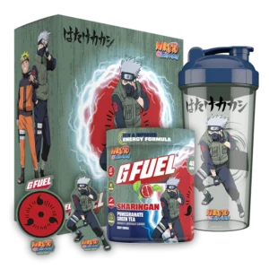 GFUEL Naruto Shippuden energy drink display: shaker bottle, energy formula box and Naruto character artwork on packaging.
