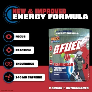 Promotional graphic for New & Improved Energy Formula G Fuel featuring Naruto can; highlights Focus, Reaction, Endurance, 140 mg caffeine, 0 sugar and antioxidants (informational).
