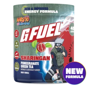 GFUEL energy drink can featuring Naruto Shippuden artwork, Sharingan flavor, pomegranate green tea, with a purple 'New Formula' badge.