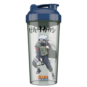 Kakashi Hatake from Naruto Shippuden depicted on a gray shaker bottle with a blue lid and the Naruto Shippuden logo at the bottom.
