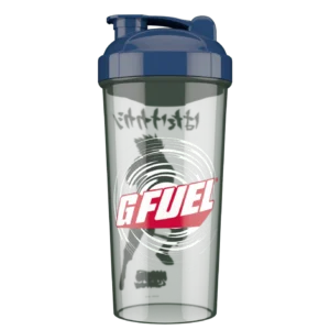 Blue-lidded G Fuel shaker bottle with a silver-gray body and swirling logo on the front.