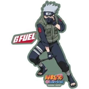 Kakashi Hatake from Naruto Shippuden wearing a green tactical vest and face mask, posing with a kunai; G Fuel logo sits to the left.