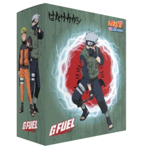 GFUEL box featuring Naruto Uzumaki and Kakashi Hatake from Naruto Shippuden; Naruto leaps in front of a red circle with blue lightning.