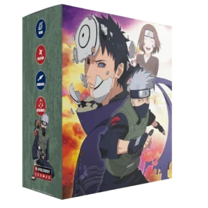 3D box packaging featuring Naruto-style characters in action, central figure with a damaged mask, two ninjas behind, fiery background; left panel shows round icons and small characters at bottom.