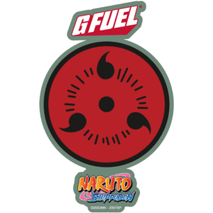 G Fuel Naruto Shippuden badge with a red Sharingan circle showing three black tomoe around a central dot.