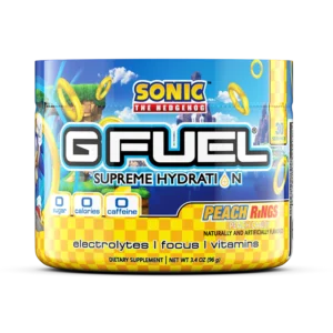 G FUEL Supreme Hydration can with Sonic the Hedgehog branding, Peach Rings flavor, showing electrolytes, focus, and vitamins icons (30 servings).