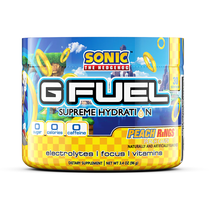 G FUEL Supreme Hydration can with Sonic the Hedgehog branding, Peach Rings flavor, showing electrolytes, focus, and vitamins icons (30 servings).