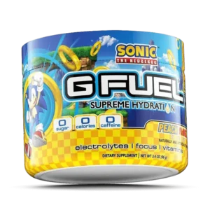 G FUEL Supreme Hydration tub featuring Sonic the Hedgehog, Peach Mango flavor, electrolytes and focus vitamins label visible