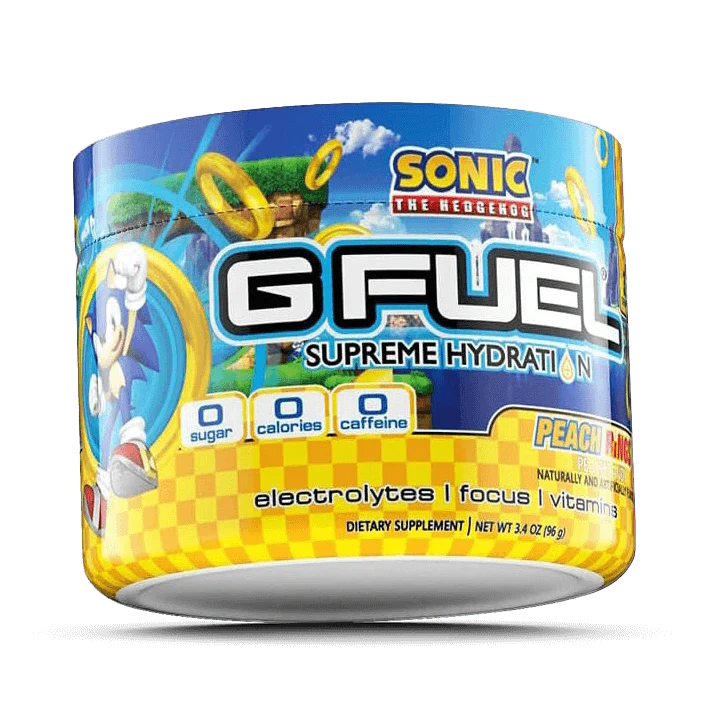 G FUEL Supreme Hydration tub featuring Sonic the Hedgehog, Peach Mango flavor, electrolytes and focus vitamins label visible