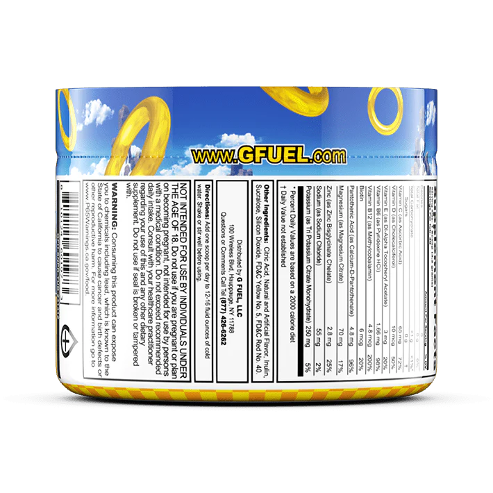 Side view of a GFUEL can showing the nutrition label and the website www.GFUEL.com on a blue background.