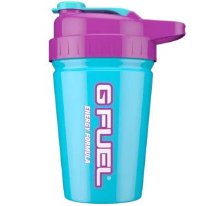Blue plastic shaker bottle with a purple flip-top lid and G FUEL Energy Formula branding on the side.