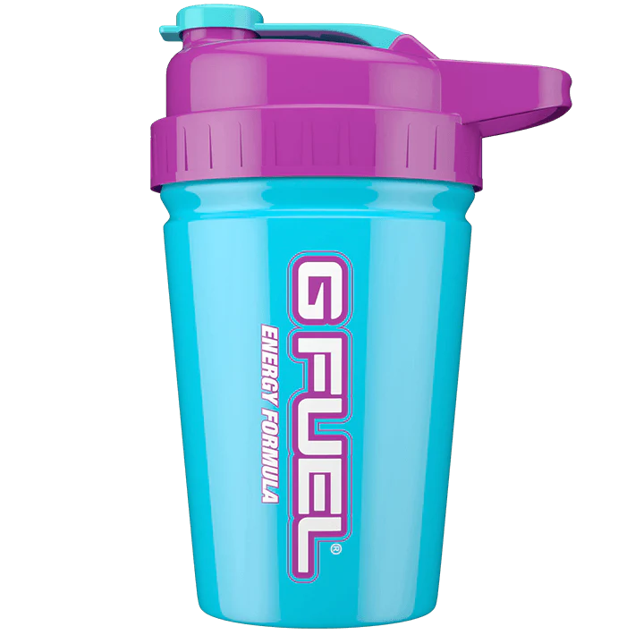 Blue plastic shaker bottle with a purple flip-top lid and G FUEL Energy Formula branding on the side.