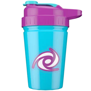 Blue and purple shaker bottle with a turquoise lid and spiral logo, used for mixing drinks at the gym