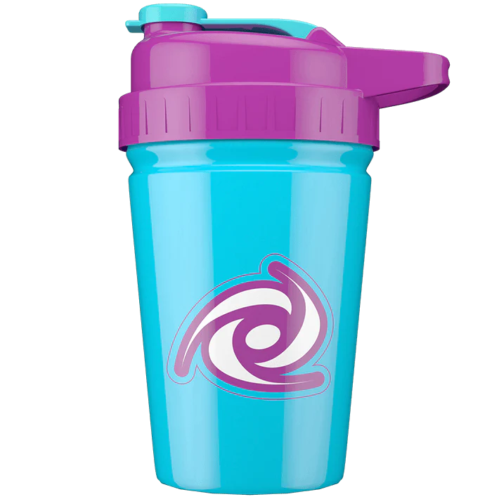 Blue and purple shaker bottle with a turquoise lid and spiral logo, used for mixing drinks at the gym