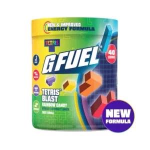 G Fuel energy formula tub with Tetris Rainbow Candy flavor and bright colorful packaging, 'New Formula' badge visible.