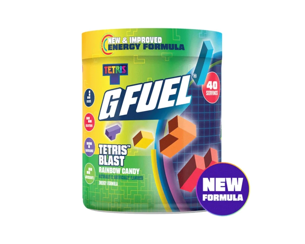 G Fuel energy formula tub with Tetris Rainbow Candy flavor and bright colorful packaging, 'New Formula' badge visible.