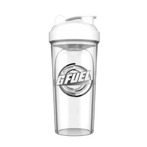 Clear G FUEL shaker bottle with white lid and logo on the side, shown against a white background.