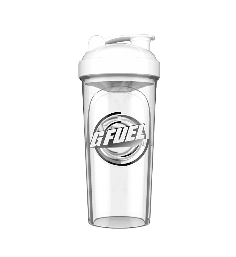 Clear G FUEL shaker bottle with white lid and logo on the side, shown against a white background.